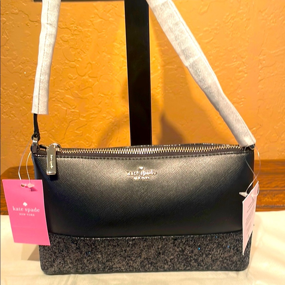 Kate Spade NWT Greta Court Flash Black Glitter & Saffiano Crossbody MSRP $279